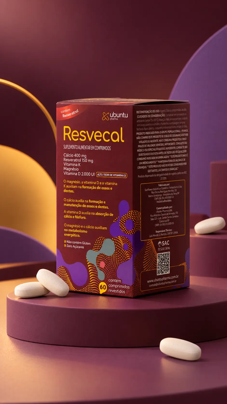 Caixa de Resvecal com 60 comprimidos sobre pedestal